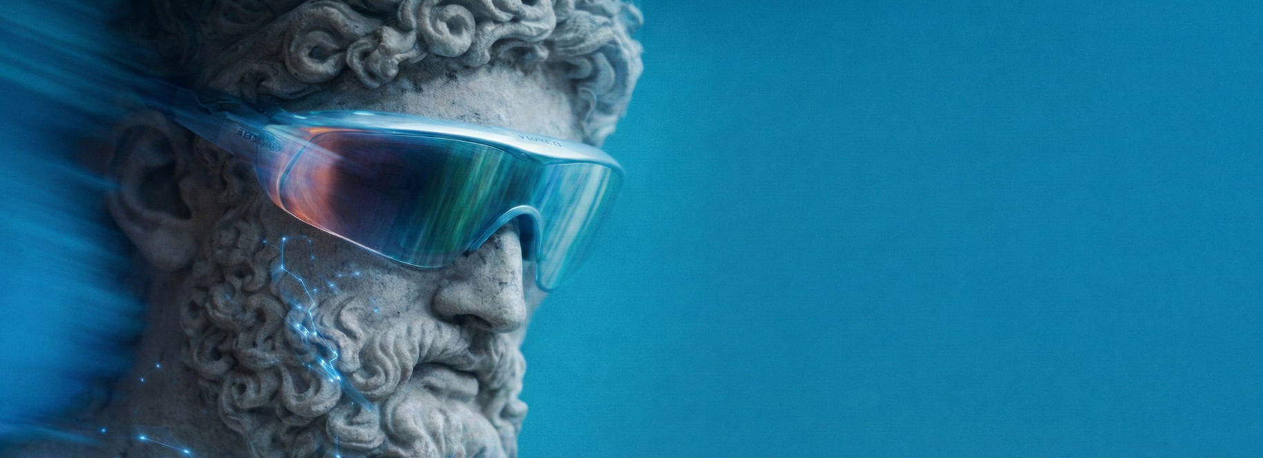Stylized Zeus statue with goggles — brand metaphor for digital vision and transformation by D4A. Studio.