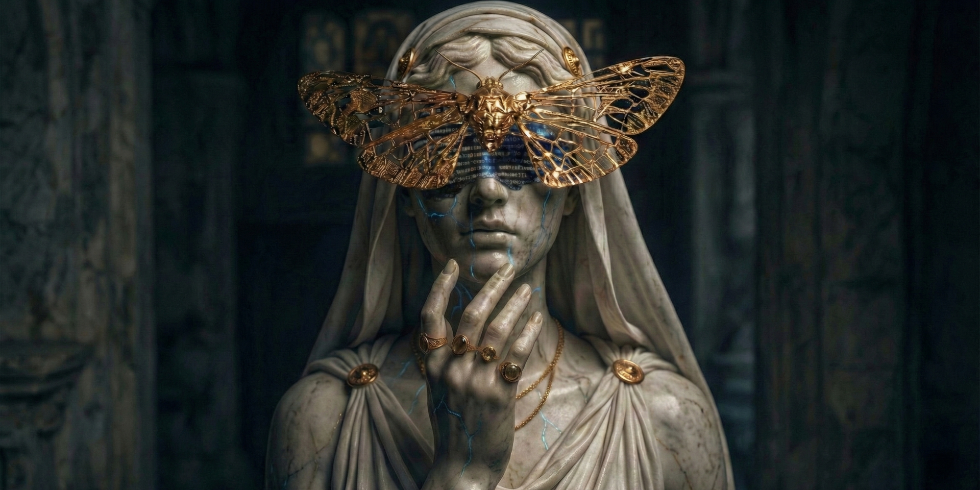Statue with golden butterfly mask — visual storytelling asset for identity and transformation branding.