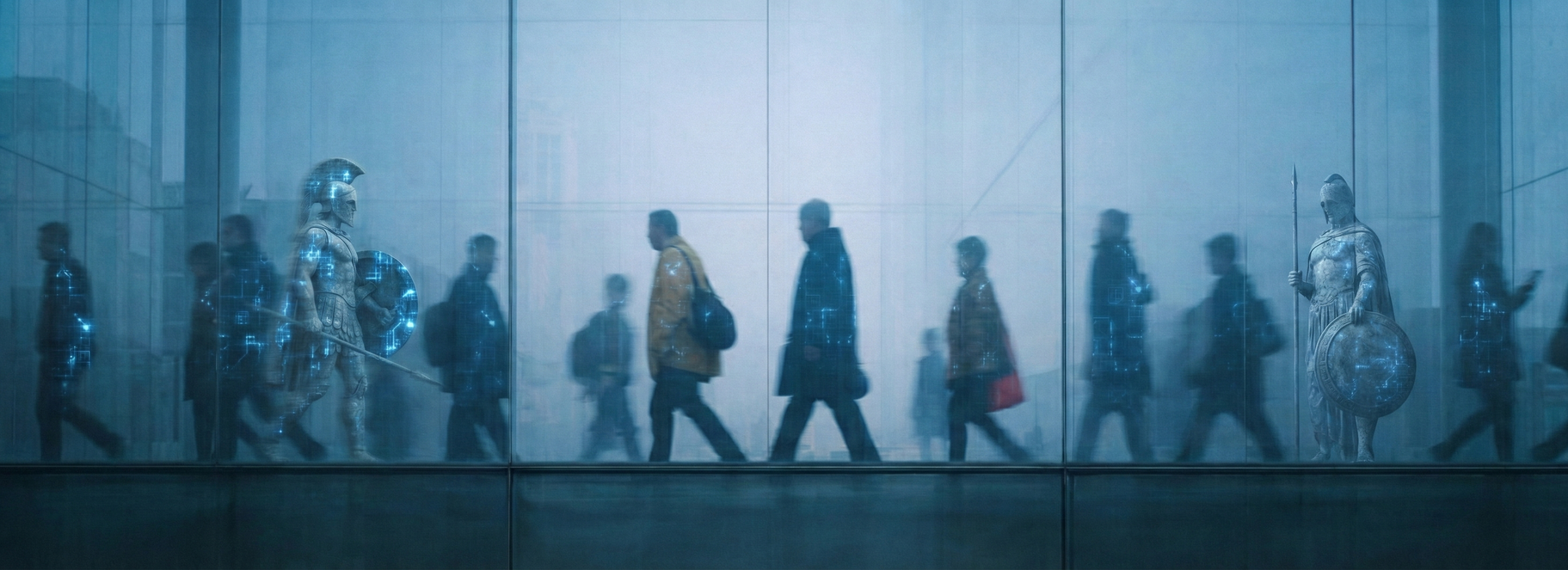 Brand concept of crowd with digital statue — visual metaphor for positioning and strategic storytelling.