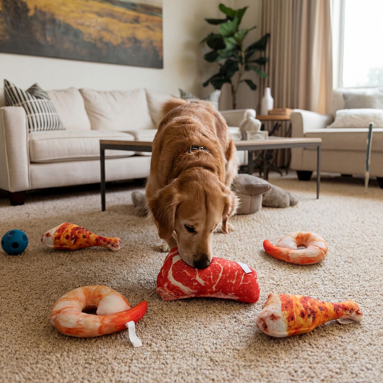 Meat-shaped dog toy product composition