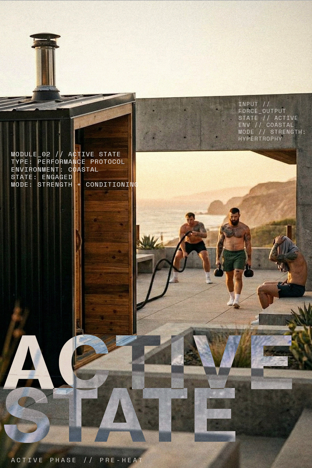 Men working out outdoors near the ocean, using weights and a rope.