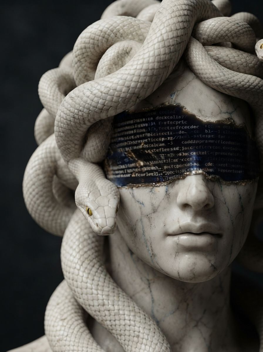 Digital Medusa sculpture with a code visor, representing classical form connected to modern digital systems