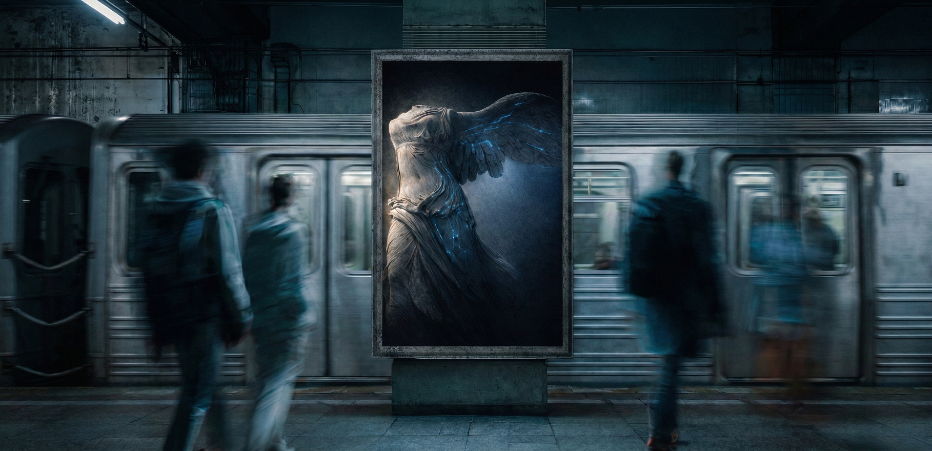 Statue poster in subway — brand metaphor for identity and transformation by D4A. Studio.