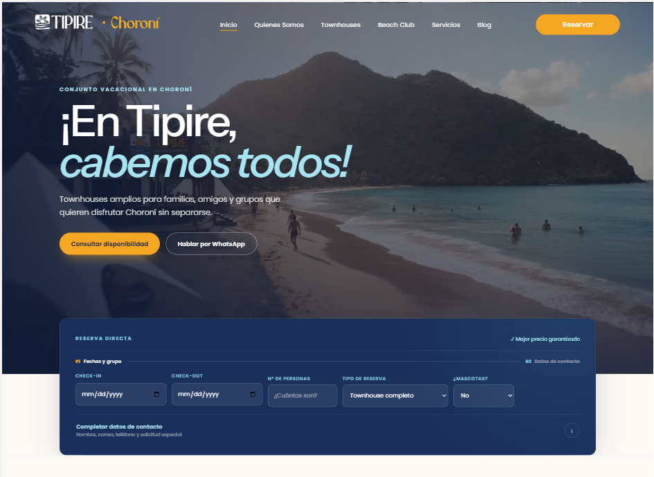 Tipire hospitality website hero section