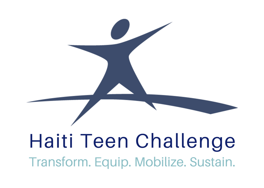 The Haiti Teen Challenge logo: a stylized dark blue figure jumping over an arc, with the text below in dark and light blue.