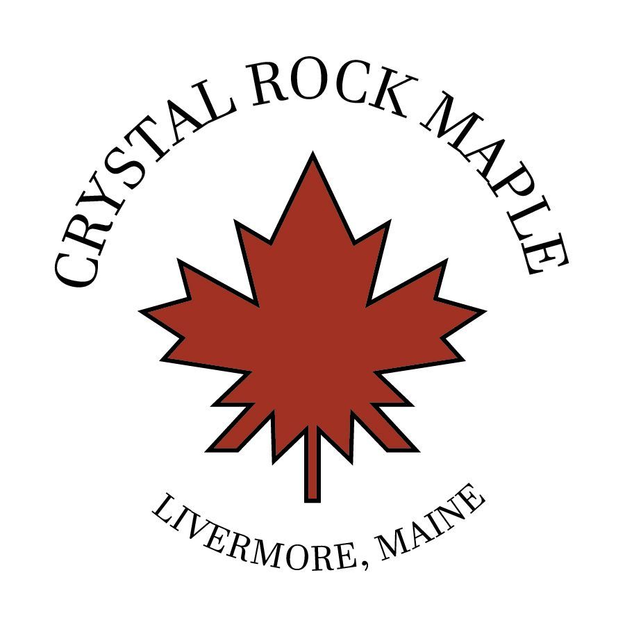 Logo for Crystal Rock Maple, Livermore, Maine, featuring a red maple leaf with black outline and text.