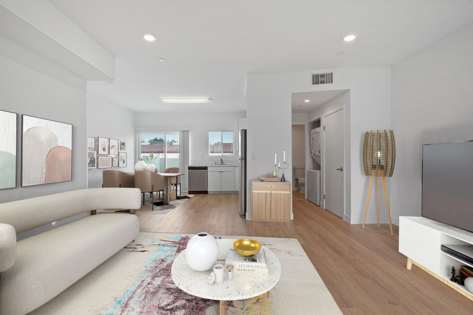 A living room with a couch and a coffee table