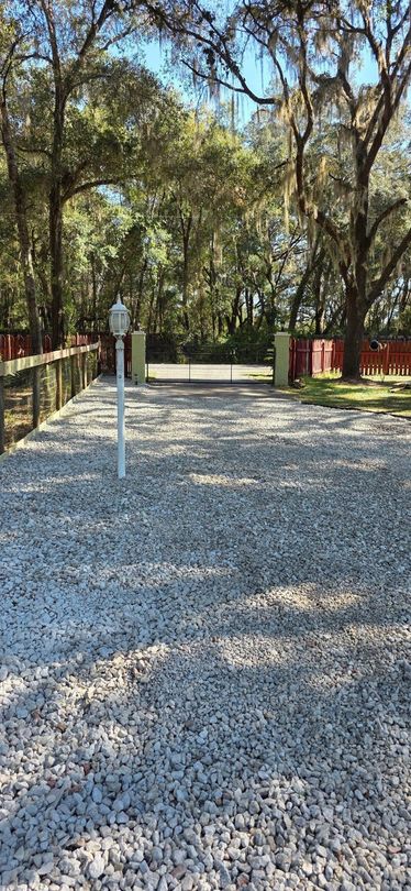 A white gravel driveway leads to a gated entrance surrounded by trees with hanging moss and a fence.