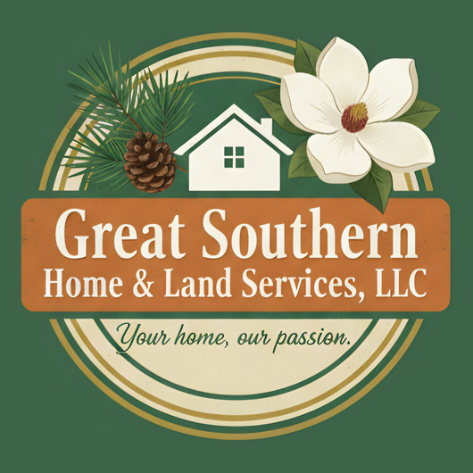 Logo for Great Southern Home & Land Services featuring a house, pine cone, and magnolia on a green and tan circular emblem.