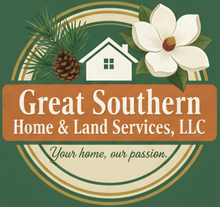 Logo for Great Southern Home & Land Services, LLC, featuring a house, pinecone, and flower on a green and orange background.