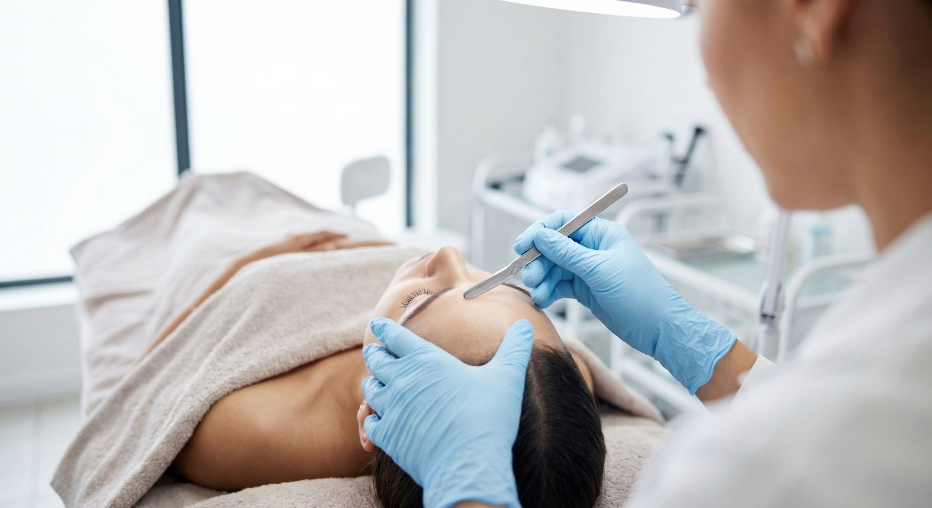 A gloved esthetician guides a sterile surgical blade across a reclined client's bare forehead skin. A gloved esthetician guides a sterile surgical blade across a reclined client's bare forehead skin.