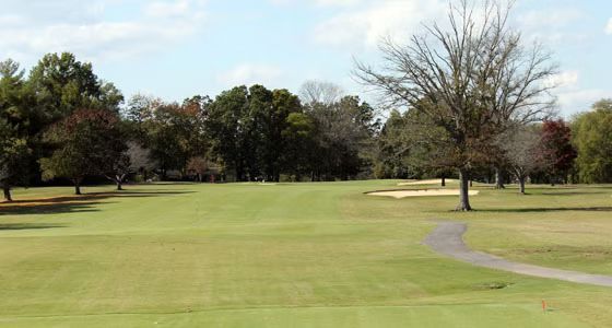 A golf course with trees and a path going through it