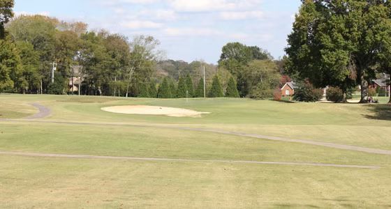 A golf course with a lot of grass and trees in the background.