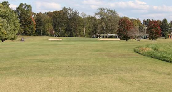 A golf course with a lot of grass and trees in the background