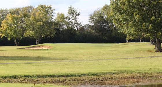 A golf course with trees and a pond in the middle of it.