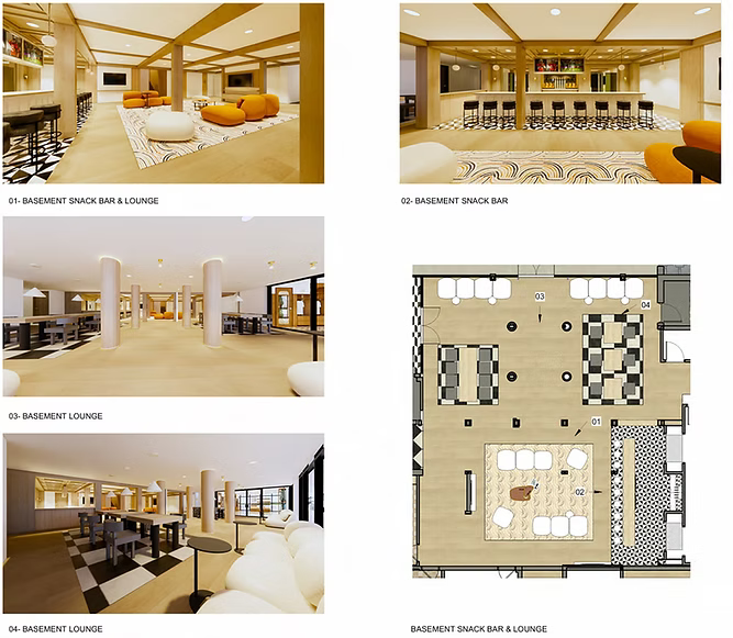 Four pictures of a living room and a floor plan