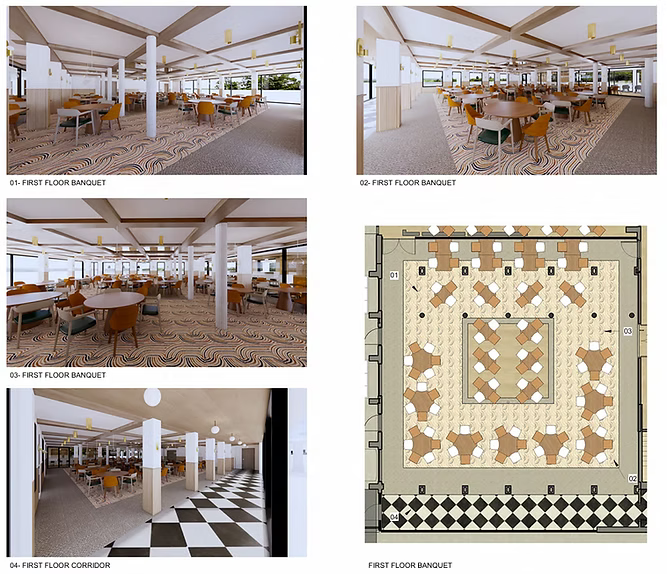 A dining room with tables and chairs and a floor plan