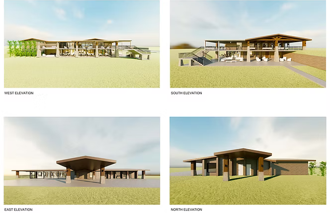 A collage of four images of a building in a field.