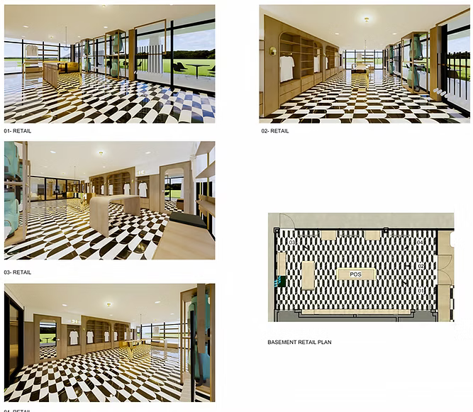 A collage of four images of a room with a checkered floor.