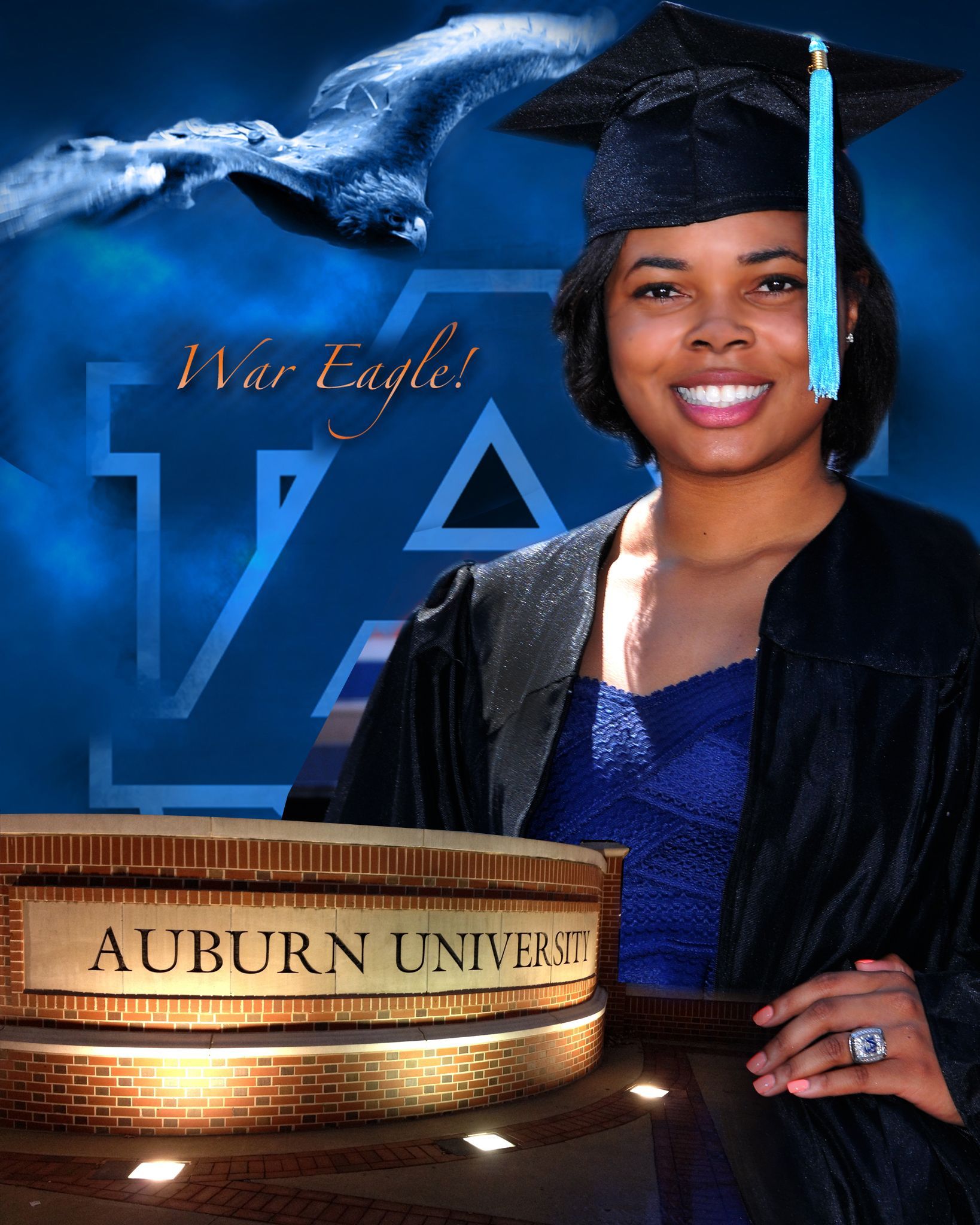 Smiling graduate in cap and gown in front of Auburn University logo and coins.