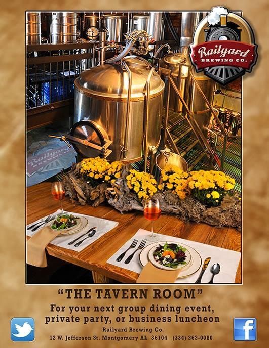 Advertisement for Railyard Brewery Co.'s Tavern Room: tables set for dining in a brewery with tanks in the background.