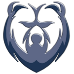 Dark blue emblem: a person holding up a stylized bird inside a heart shape with stylized arms.