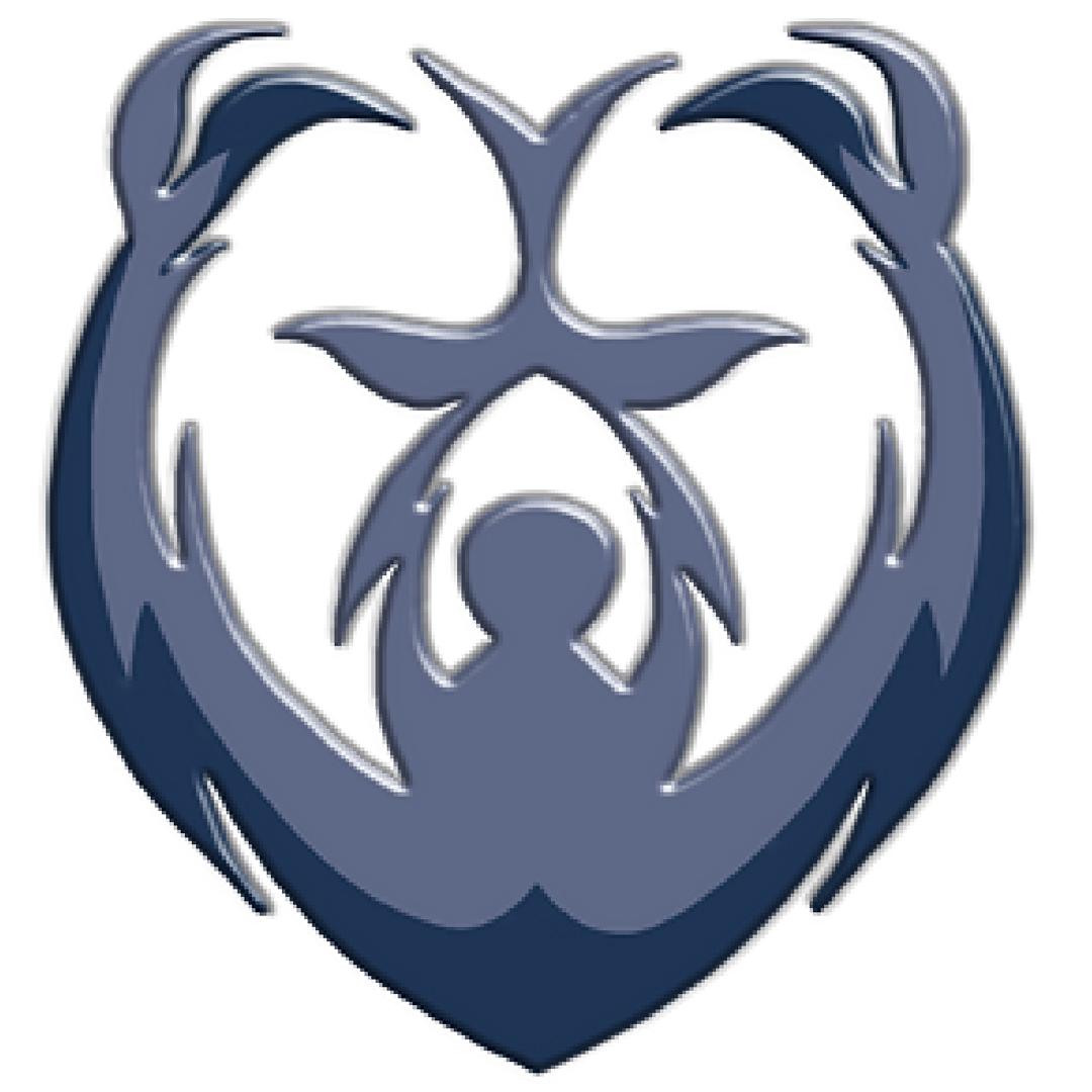 Dark blue emblem: a person holding up a stylized bird inside a heart shape with stylized arms.