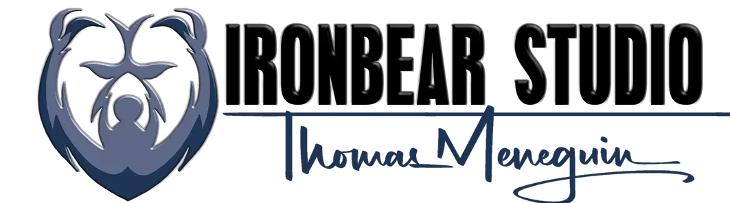 Logo: Ironbear Studio with a bear emblem and signature of Thomas Menequin.
