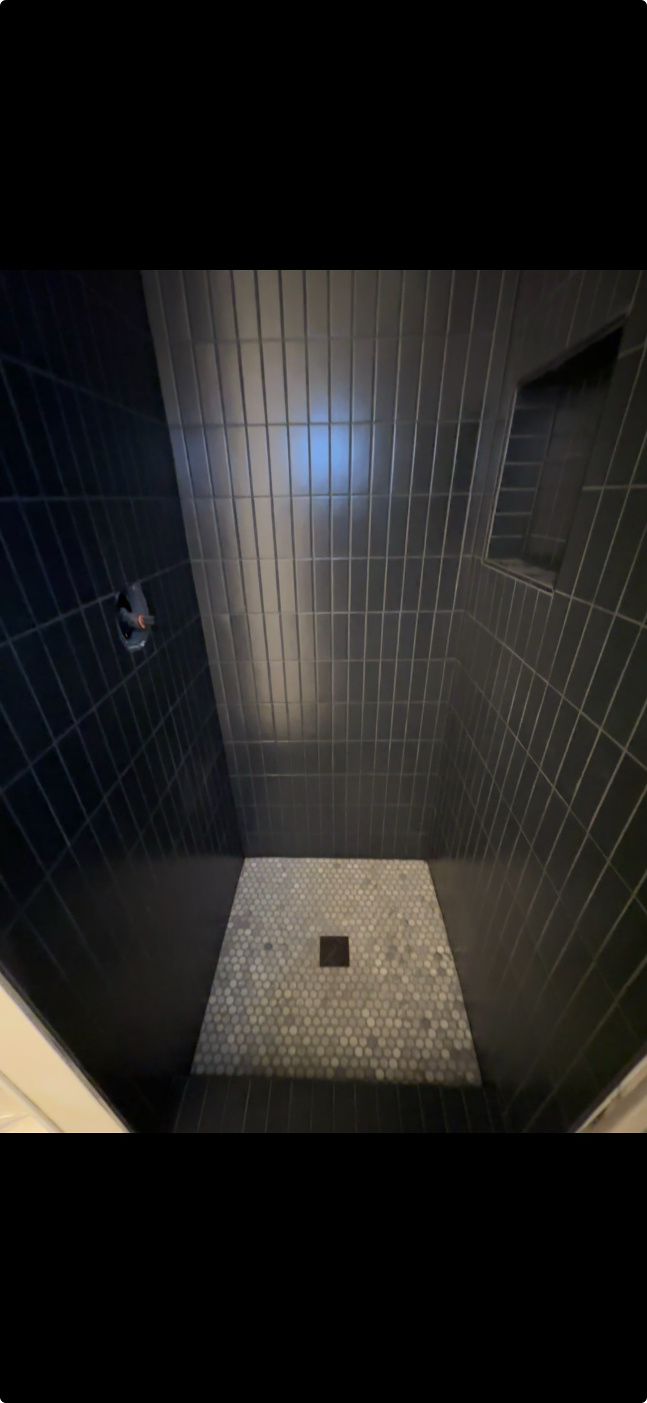 A bathroom with black tiles and a walk in shower.