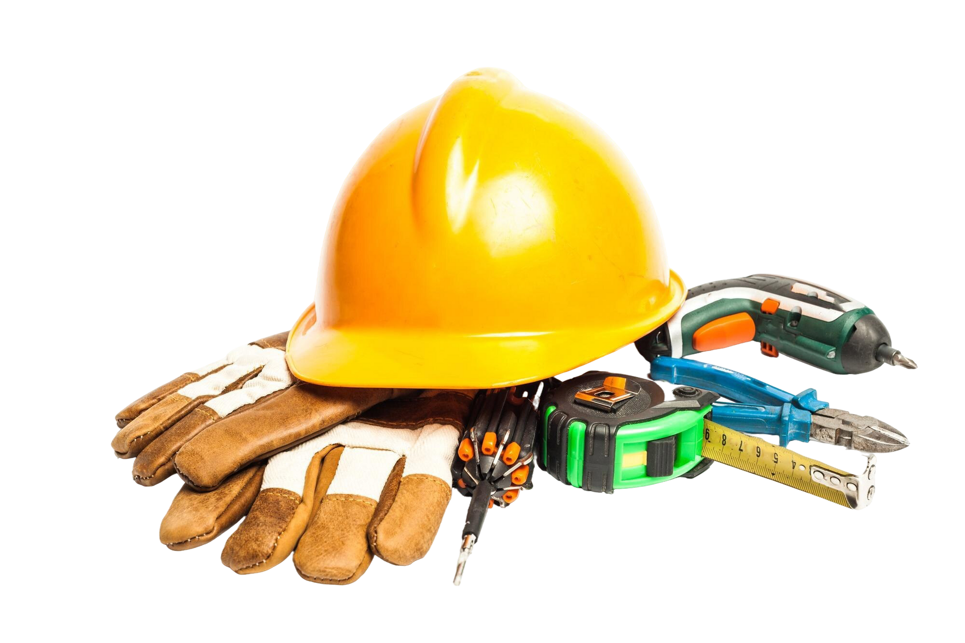 A hard hat , gloves , tape measure , pliers and a screwdriver on a white background.
