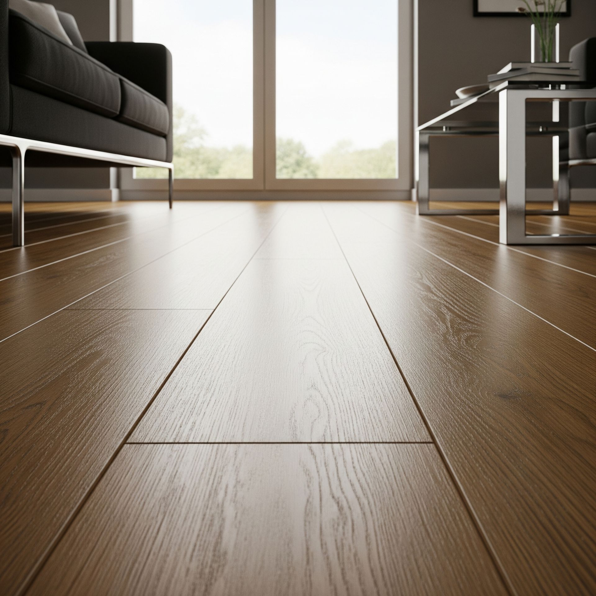 Shiny, wooden floor in a living room with a black couch and a table. Bright window in the background.