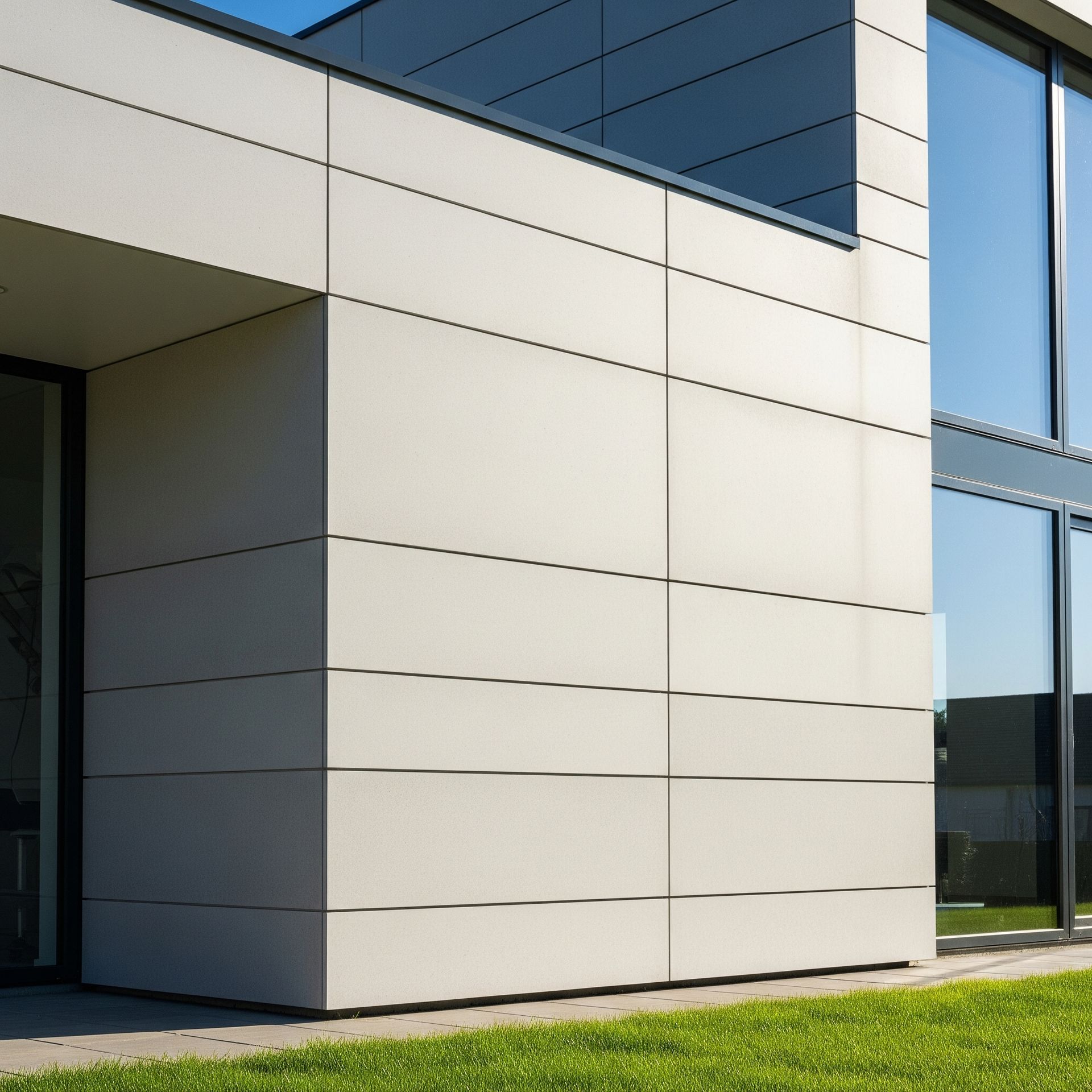 Modern building with beige paneling, black trim, and large windows; grass in the foreground.