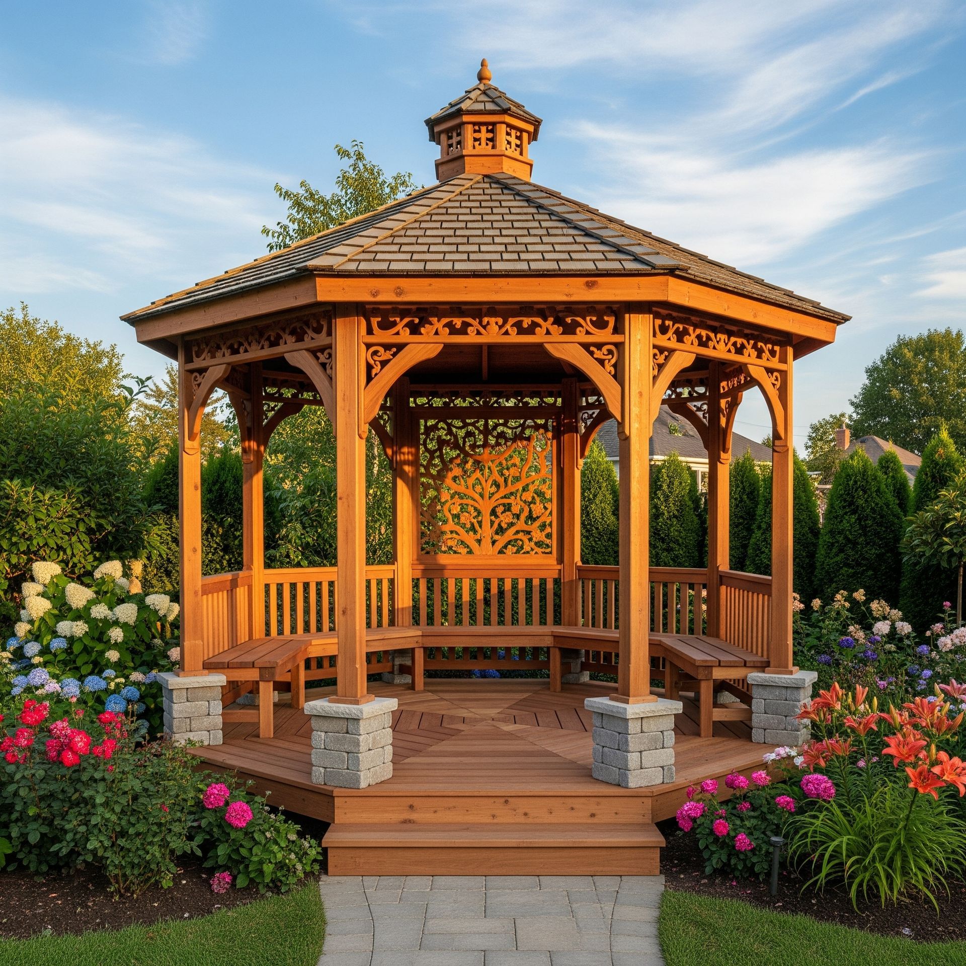 Wooden gazebo surrounded by colorful flowers and greenery, with a stone walkway.