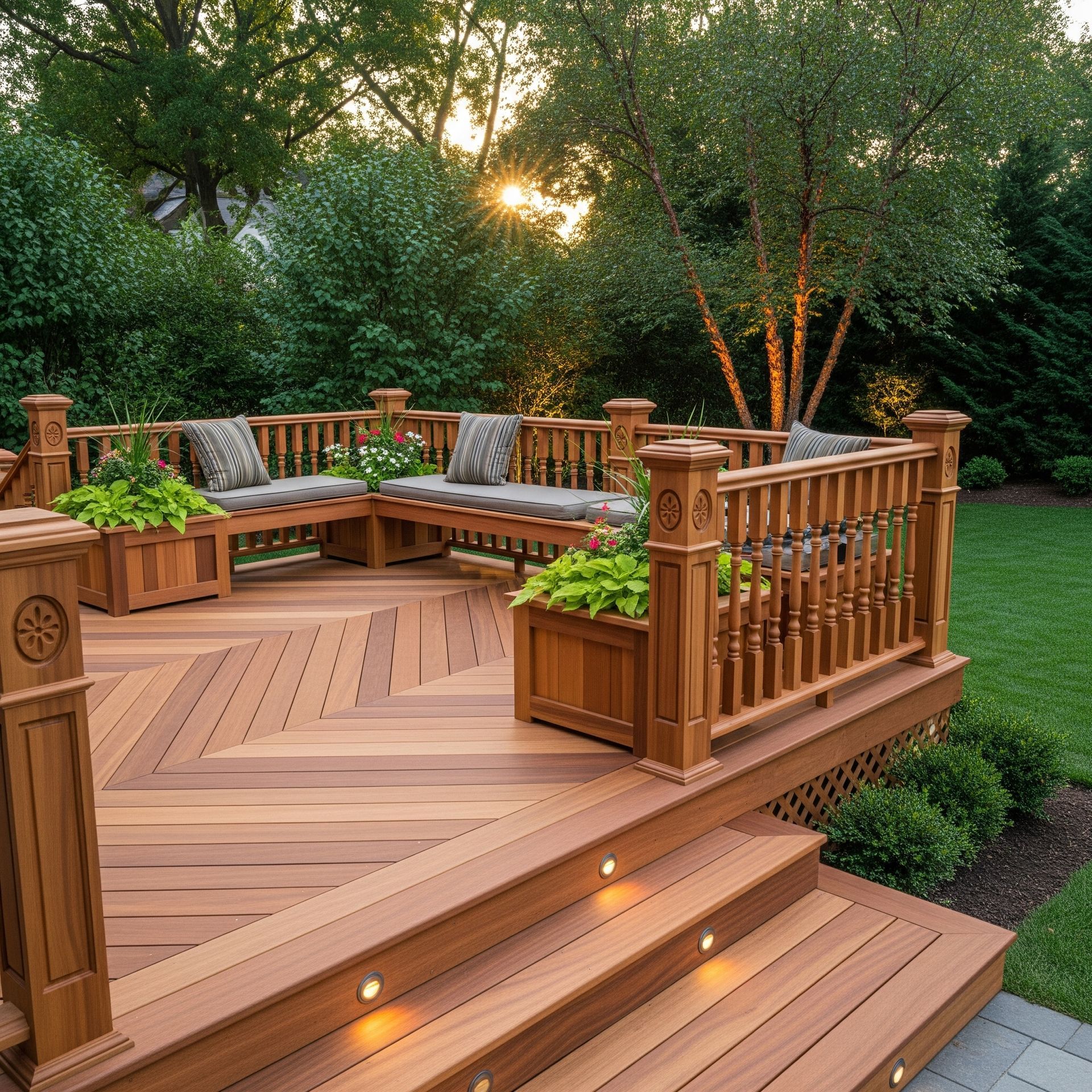 Wooden deck with built-in seating, steps, and railing surrounded by greenery, illuminated by warm lights.