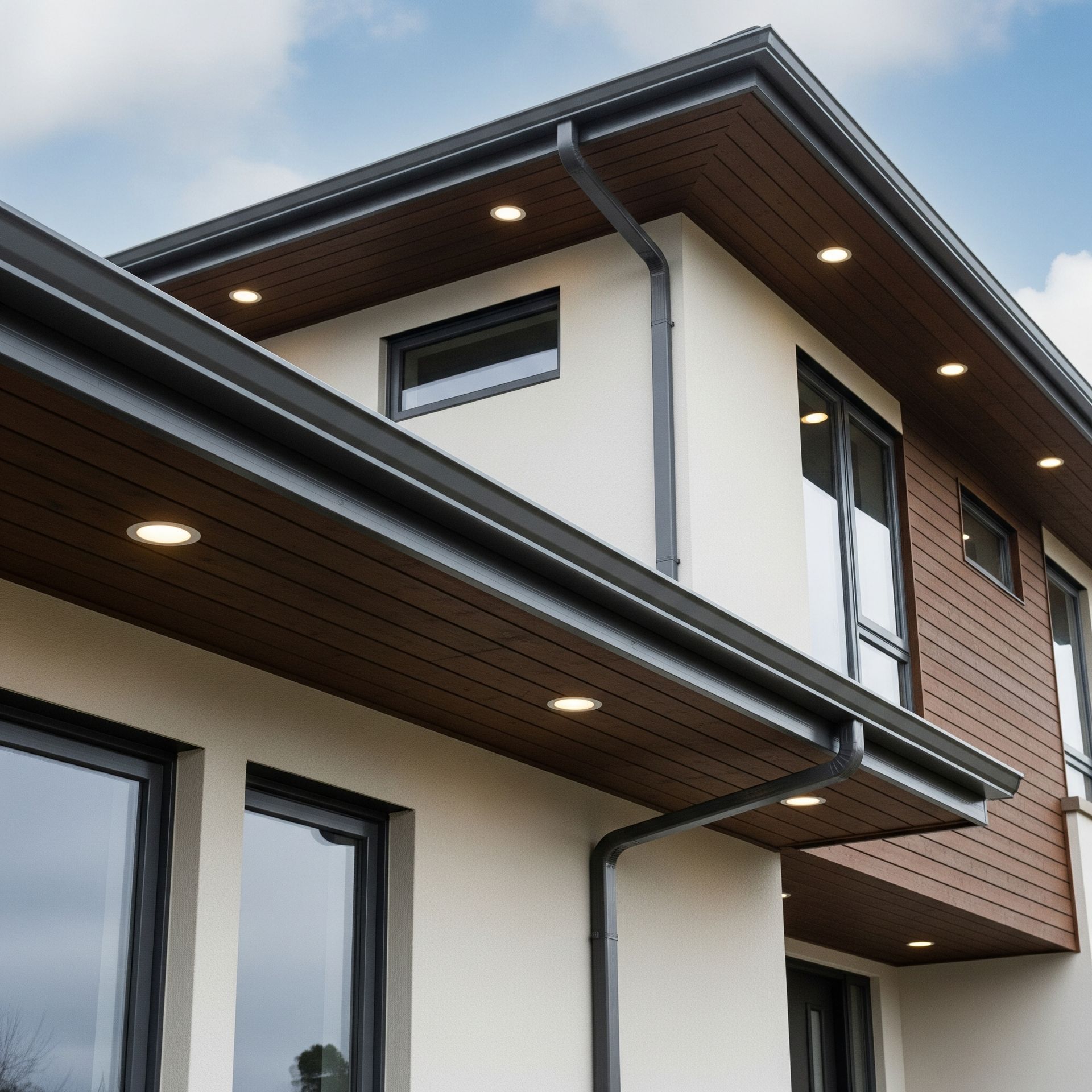 Modern two-story house with dark gutters and trim, brown wood accent, and recessed lighting.