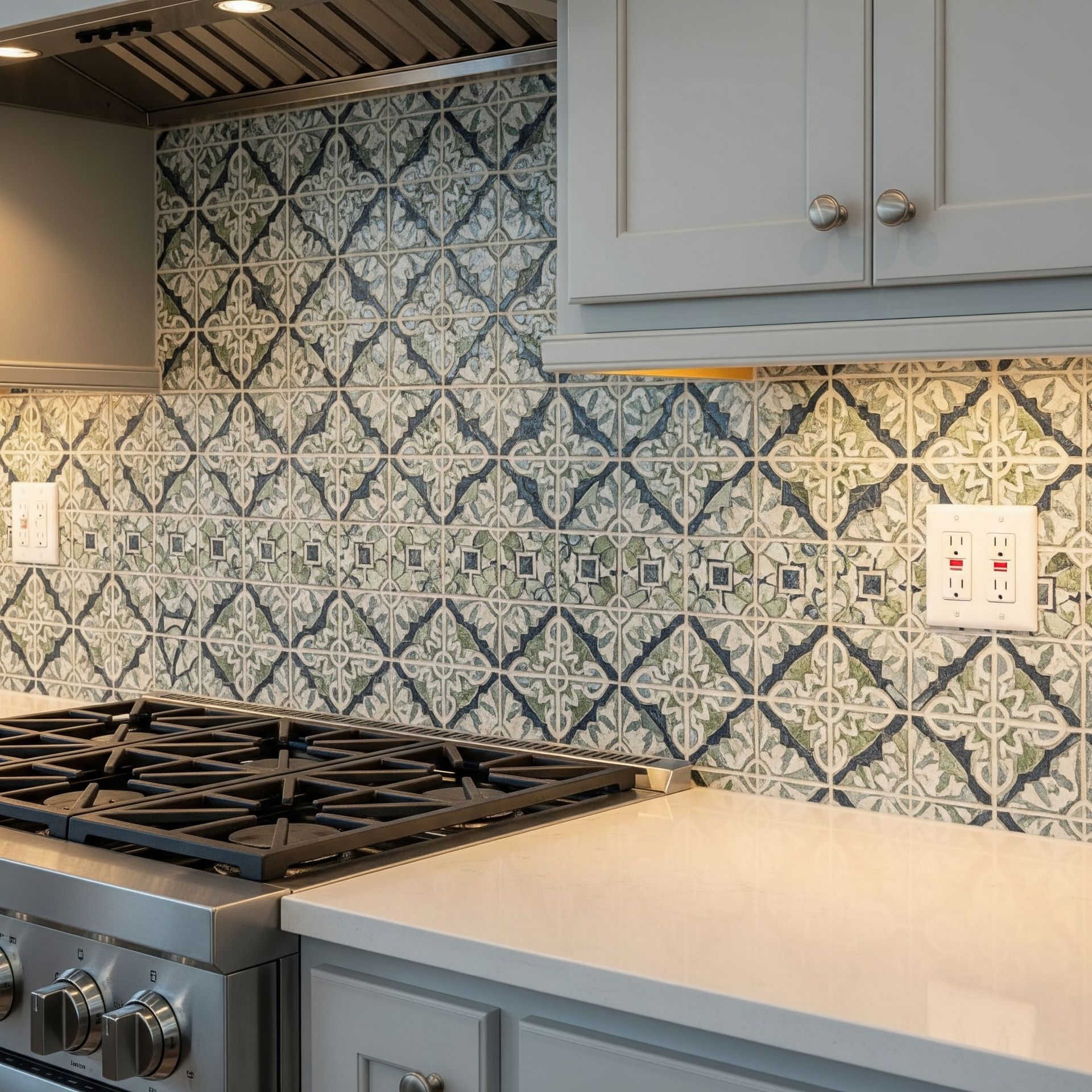 Kitchen with patterned tile backsplash, gray cabinets, and white countertops; range in foreground.