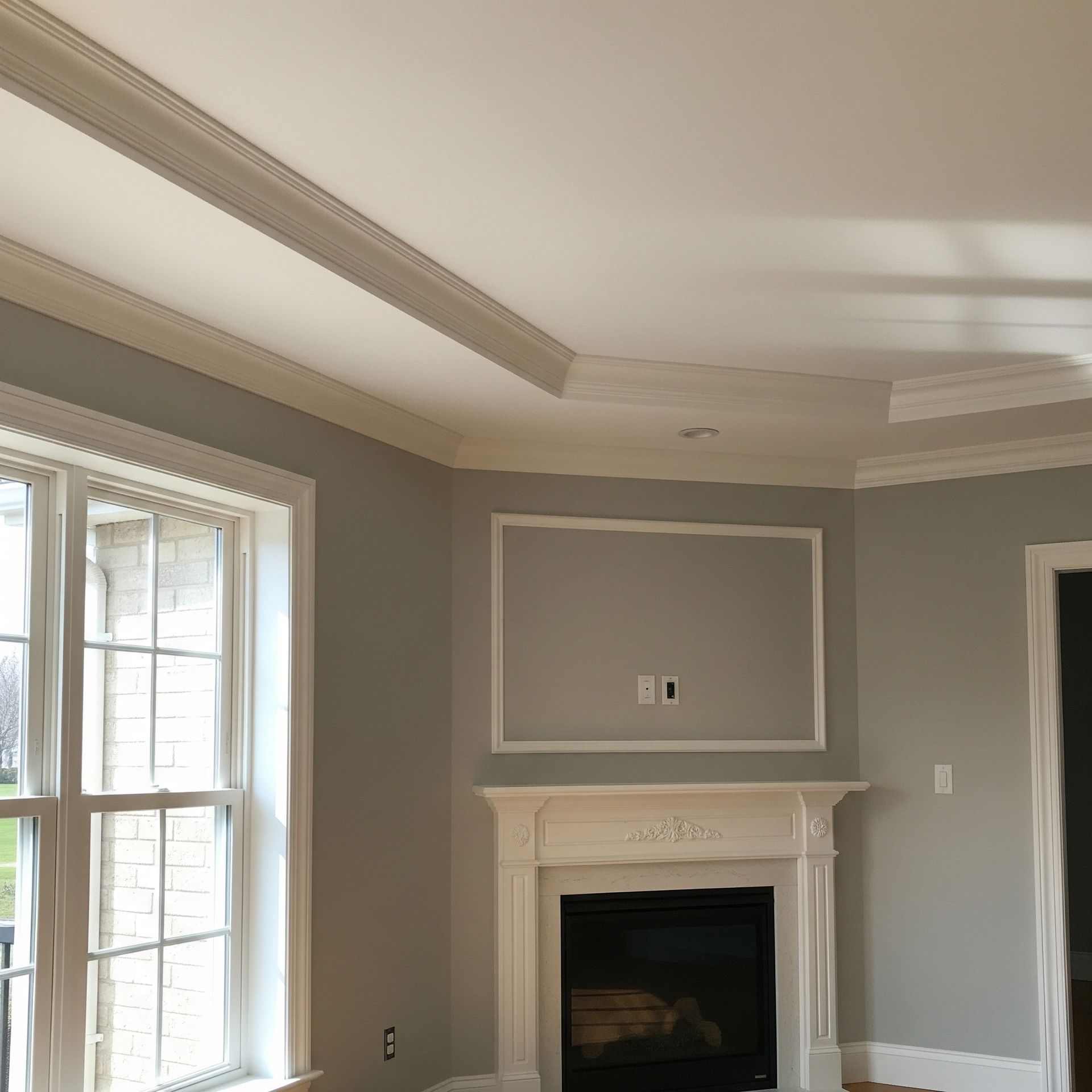 Living room with fireplace, crown molding, and a rectangular accent on a grey wall.