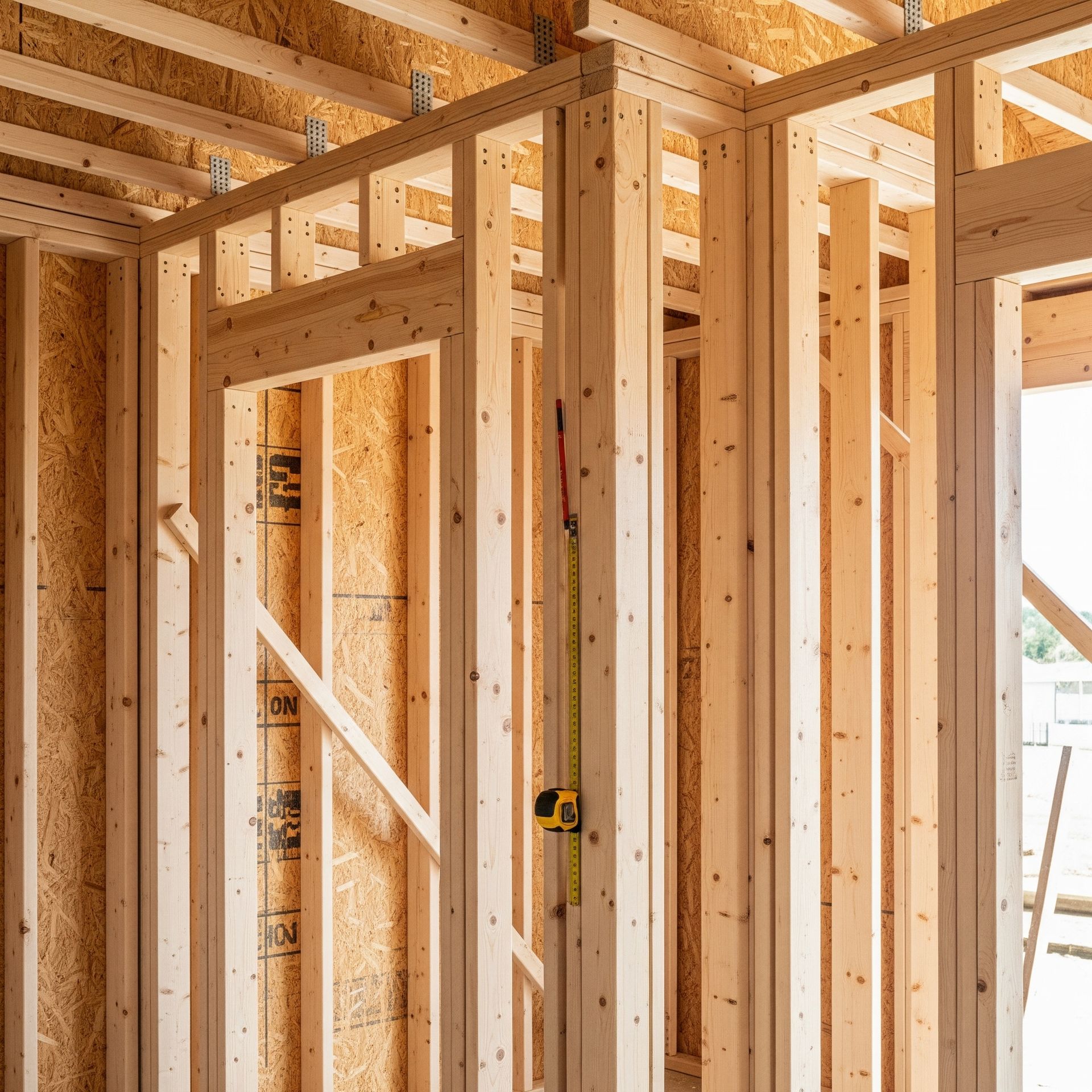 Wooden frame of a building under construction, interior view with a measuring tape hanging.
