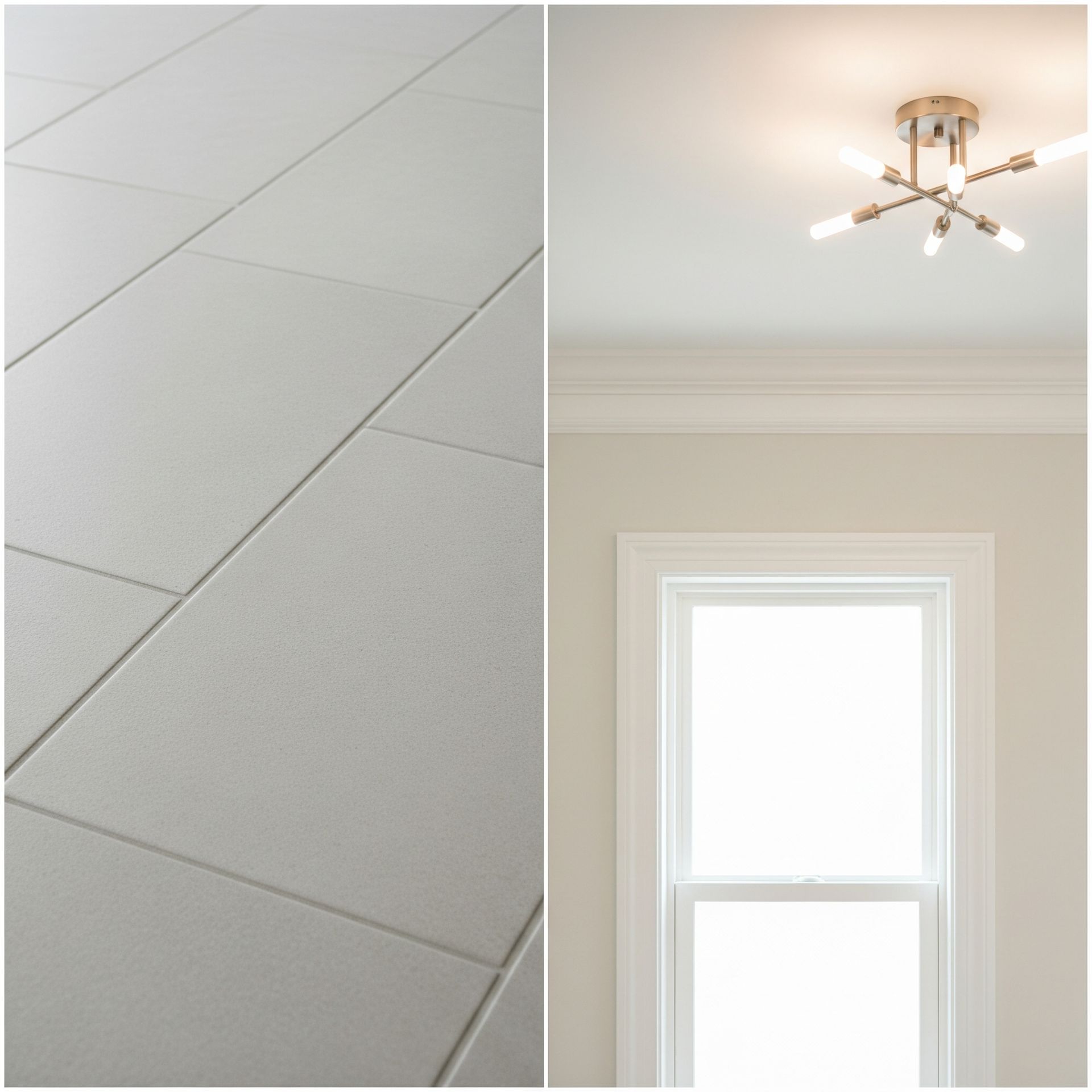Gray tile floor and interior view of window and ceiling with light fixture.