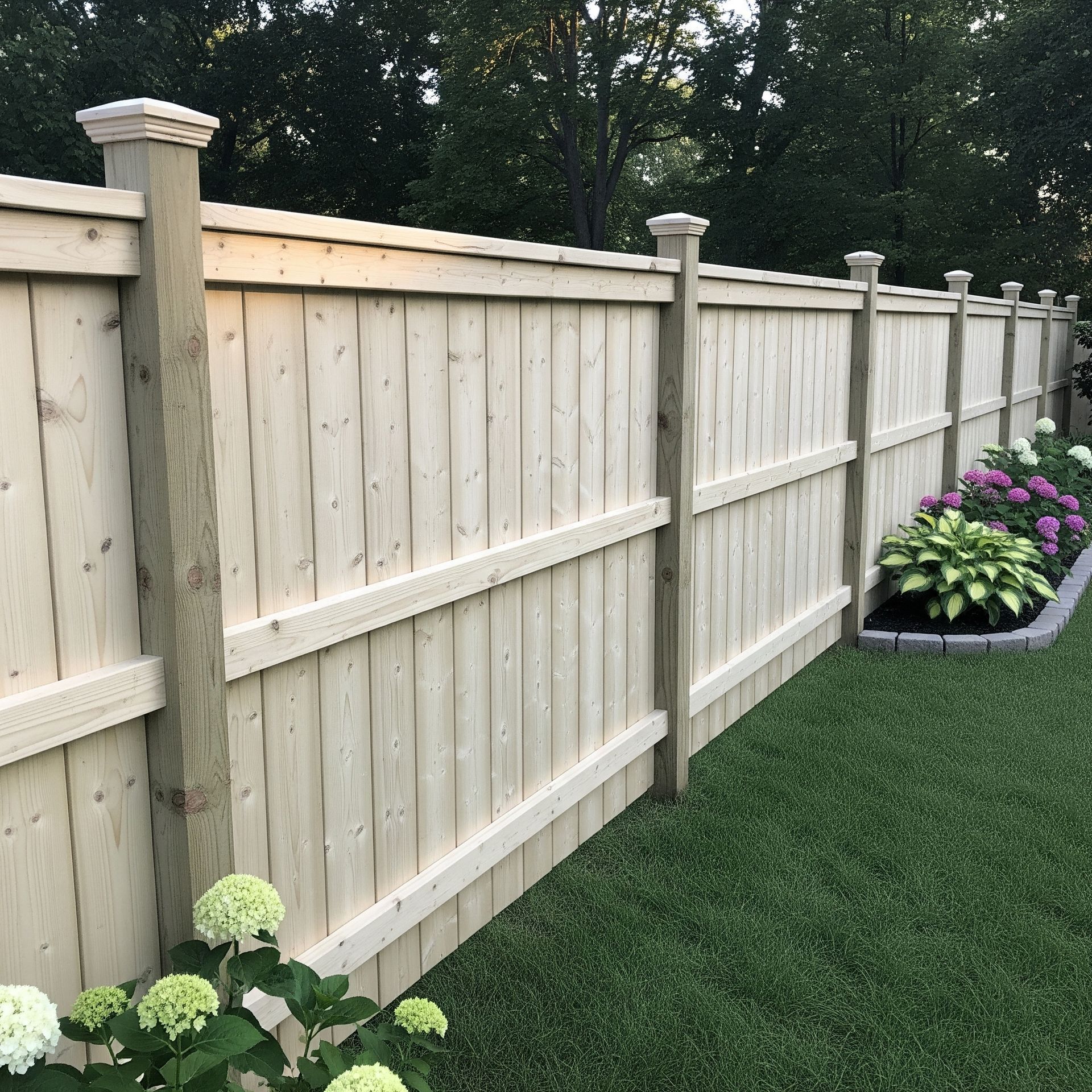 Wooden fence surrounding a grassy lawn and flowerbed.