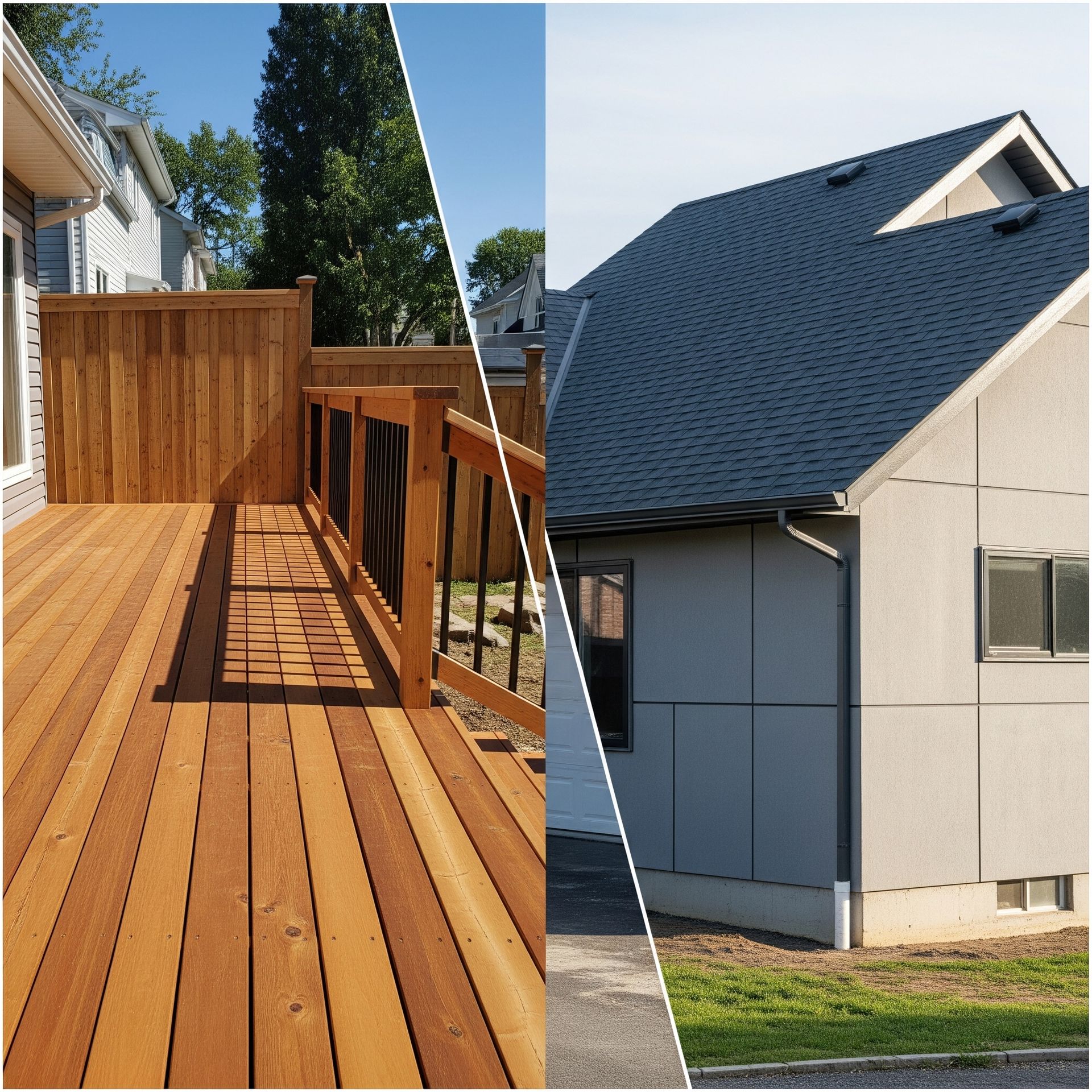 Wooden deck and gray-sided house exterior with a dark blue roof, in bright sunlight.