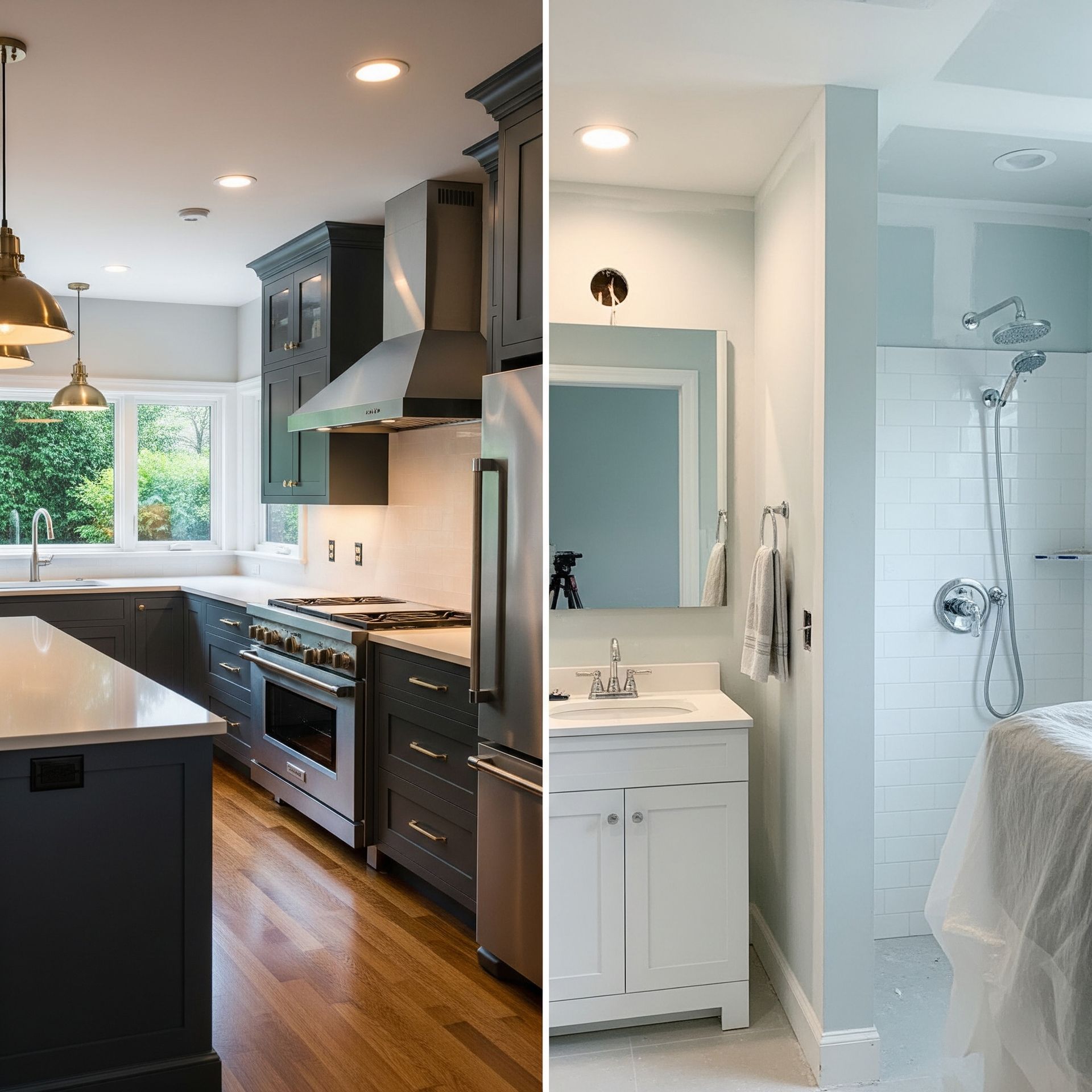 Kitchen with dark cabinets and bathroom with white fixtures, divided vertically.