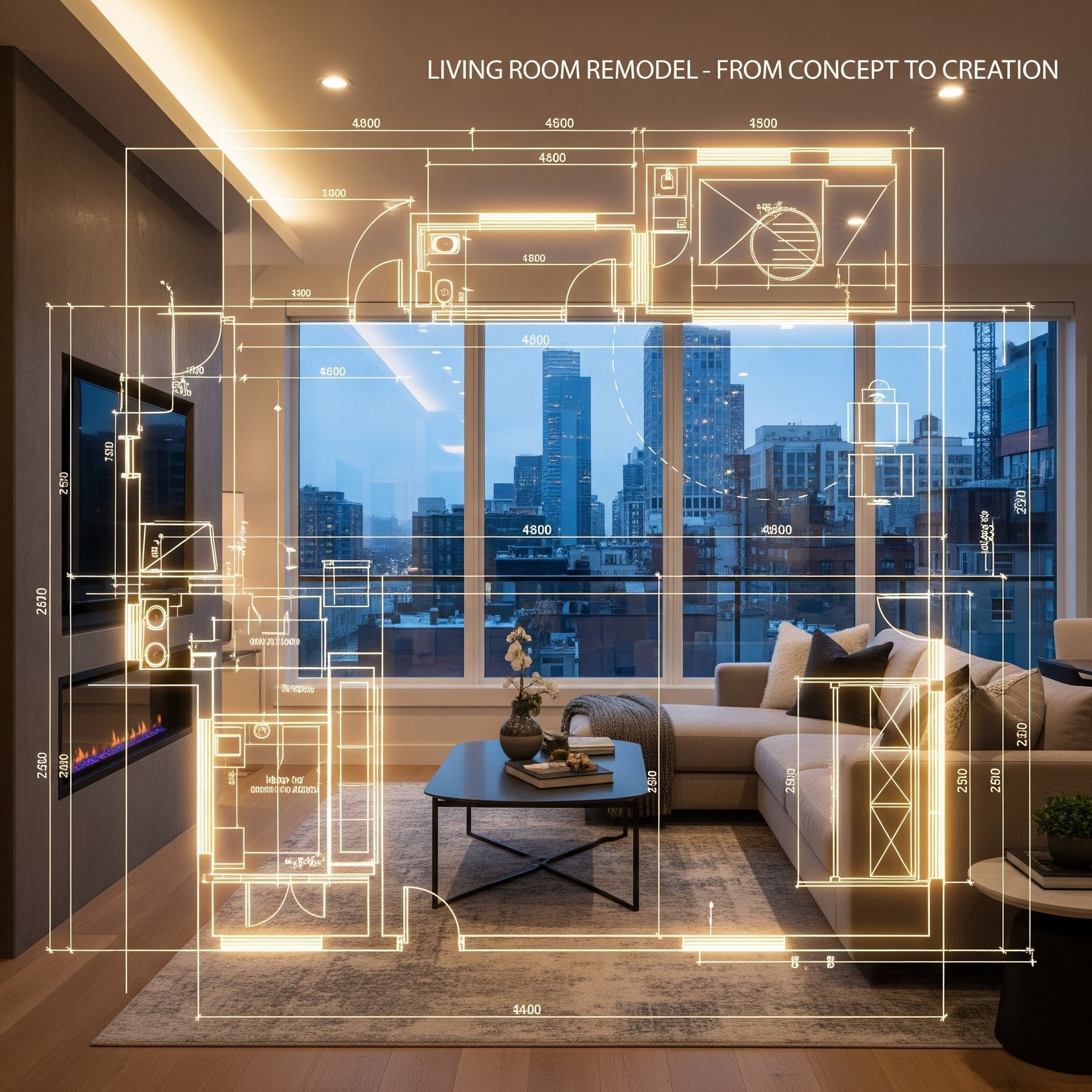 Living room with a cityscape view overlaid with an architectural plan in gold.