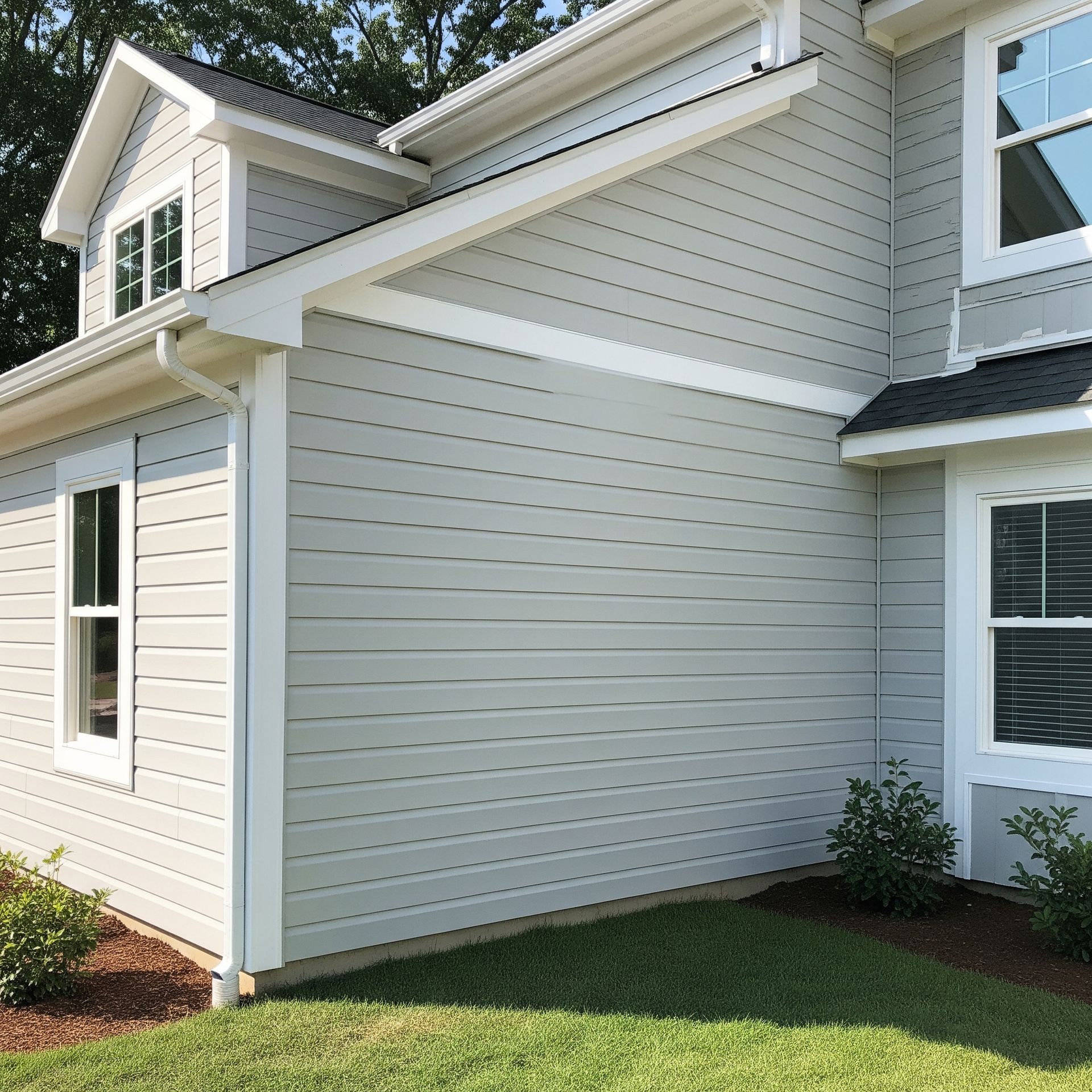 Light gray house with white trim and dark roof, surrounded by green grass and bushes.