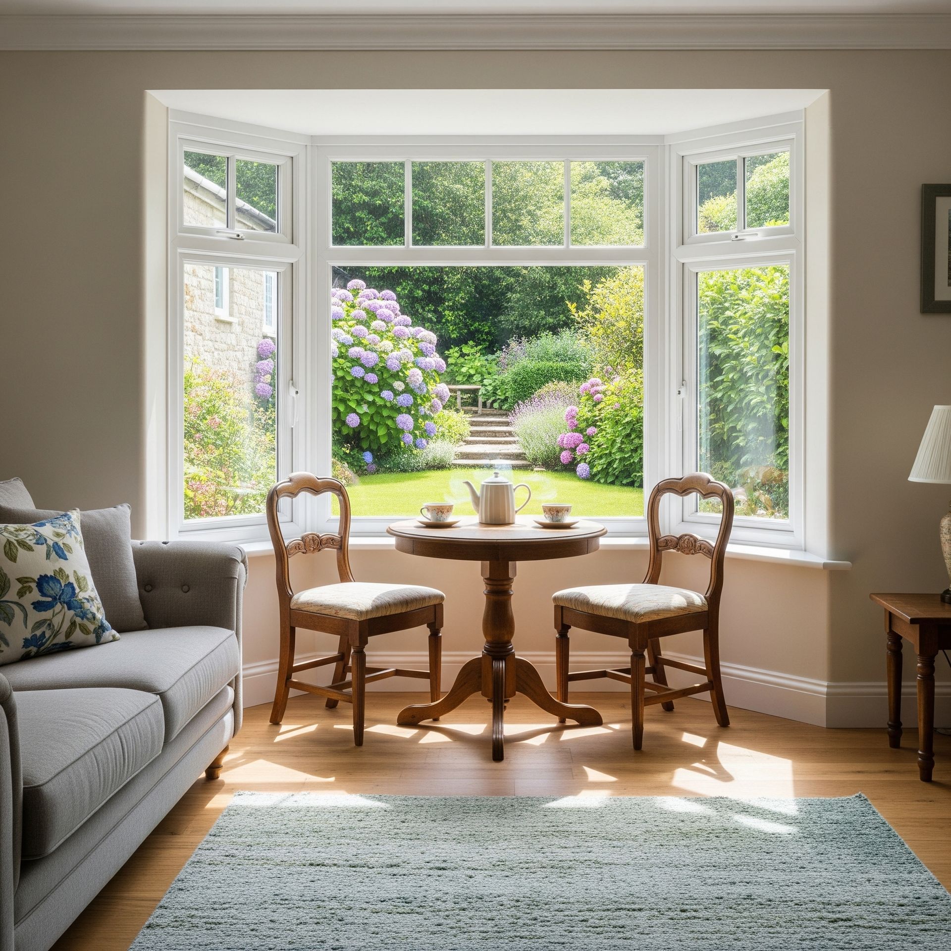Cozy interior with a round table and chairs in front of a bay window overlooking a lush garden.