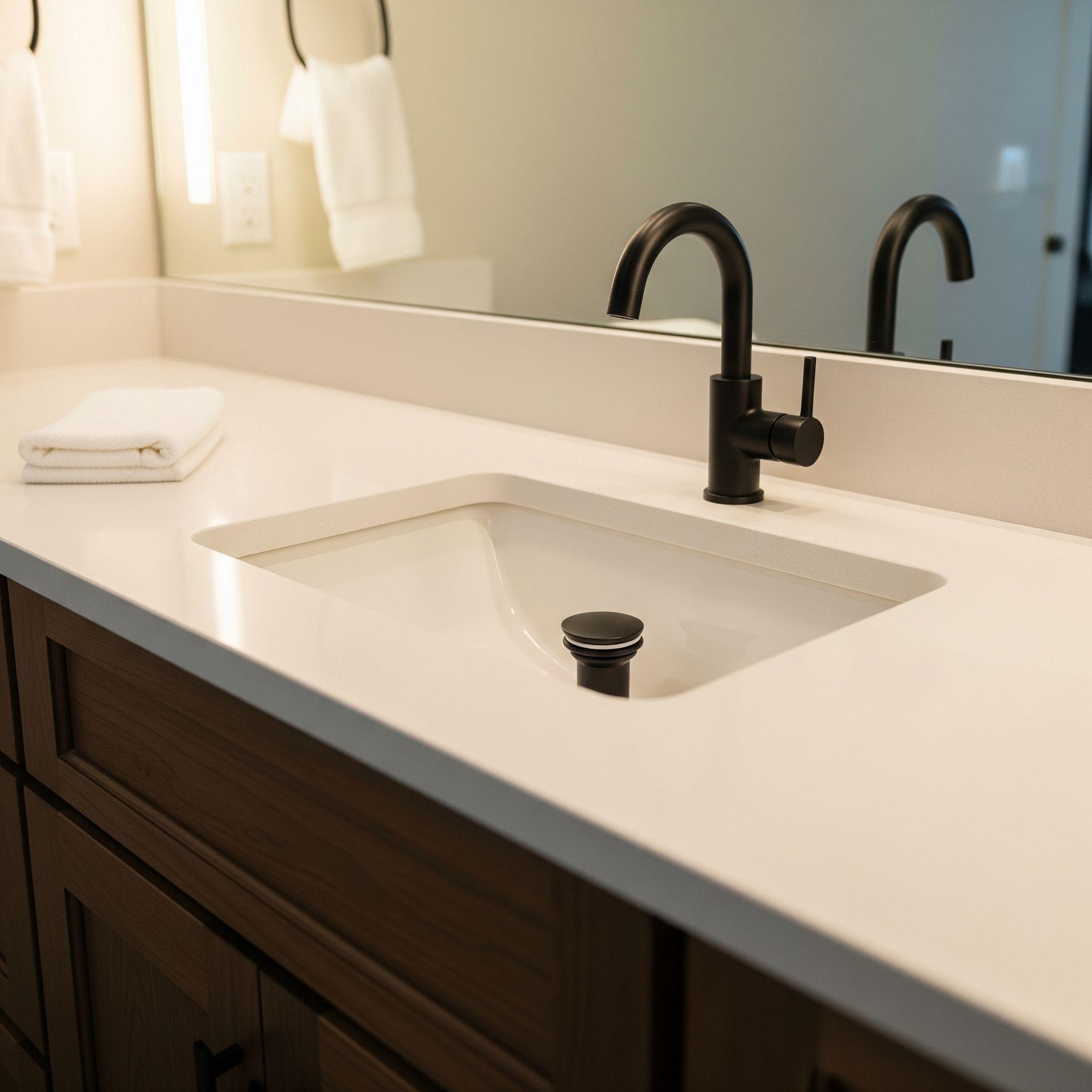 Bathroom sink with black faucet, white countertop, and dark wooden cabinets.