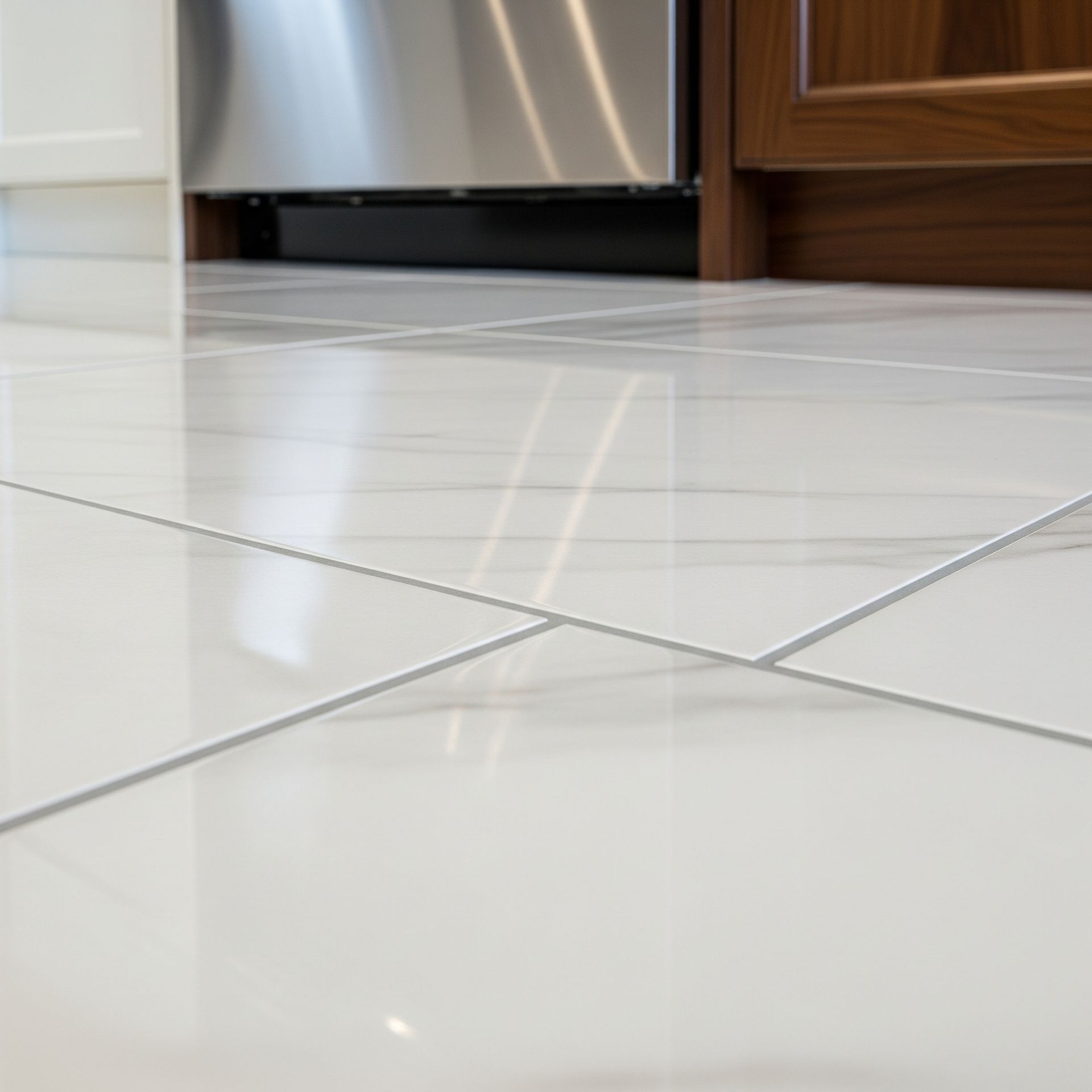 Shiny white tile floor in a kitchen, with stainless steel appliance and wood cabinetry.