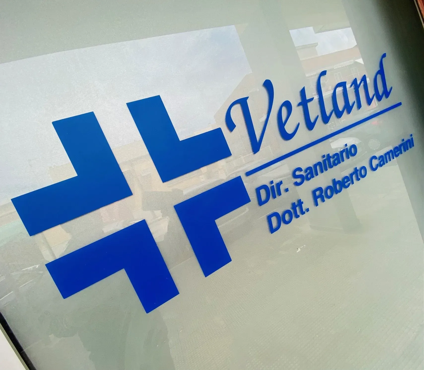 Un'insegna della clinica veterinaria Vetland con scritte blu e un logo a forma di croce blu, che indica il Dott. Roberto Camerini come direttore.