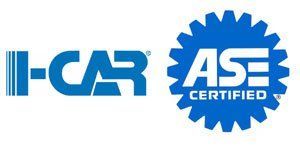 Logos for I-CAR and ASE Certified in blue and white.