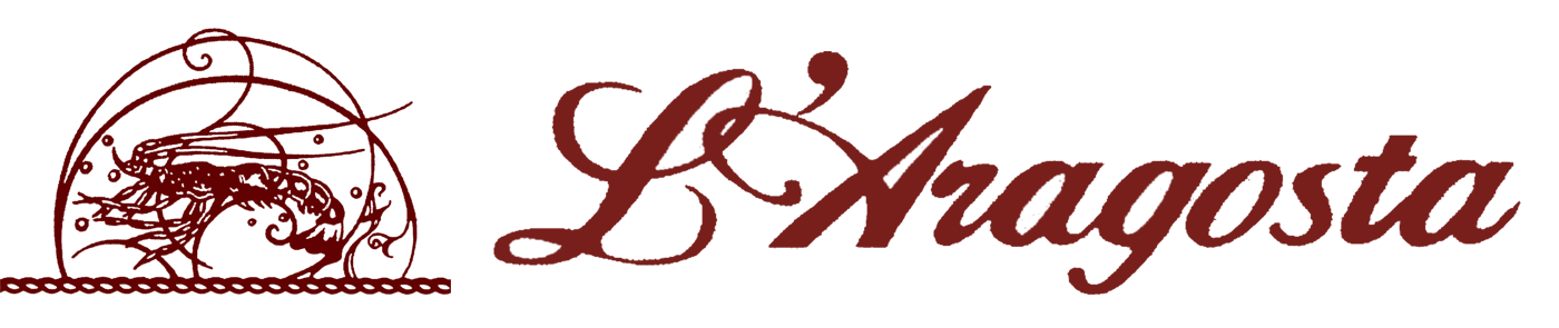 Logo per L'Aragosta, caratterizzato da un disegno ornamentale e da un testo stilizzato in rosso scuro.